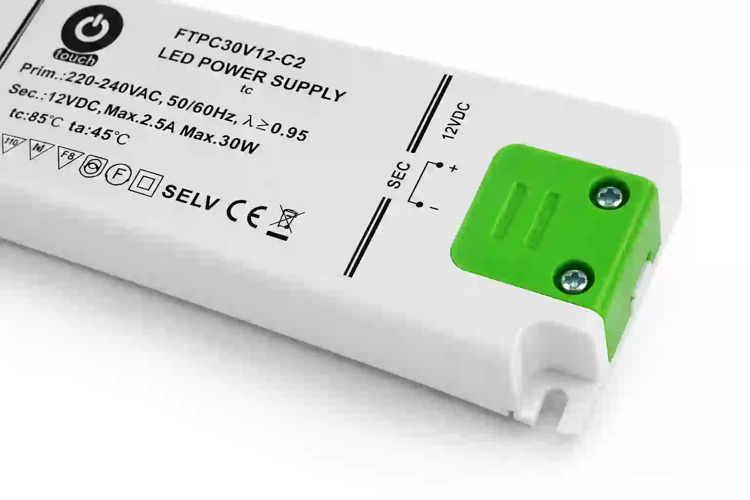 Ochranné funkce LED napájecího zdroje FTPC30V-C2 – zkrat, přetížení a přehřátí s automatickým obnovením provozu